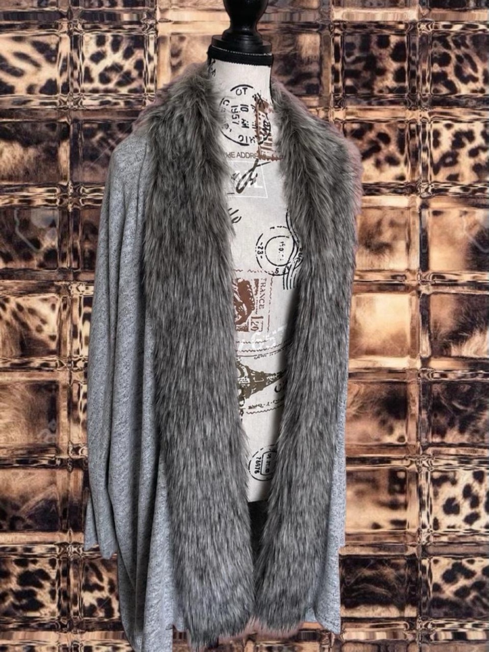 Gray Faux Fur Trim Open Longsleeve Front Cardigan Collar Duster